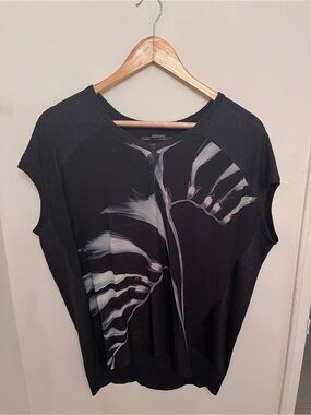 All Saints Black Short Sleeve Tee with Pale Gray & Lavender Floral Motif